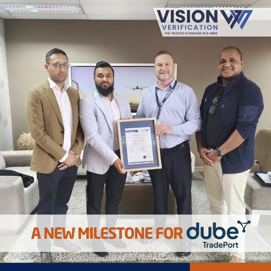 Dube TradePort and Vision Verification representatives at the B-BBEE certificate handover